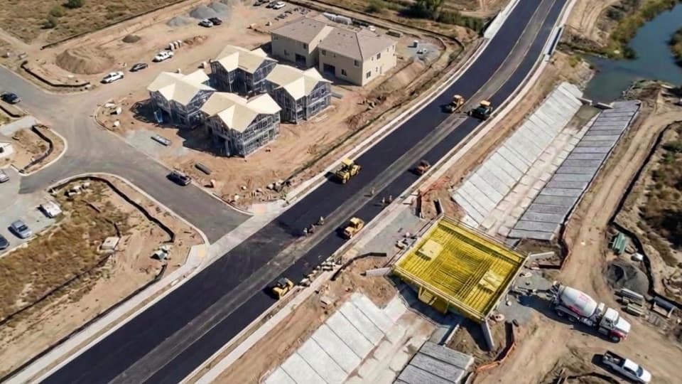 MASTER CTS integrated systems overview showing road engineering, canal infrastructure, structural reinforcement, and LSF housing in one coordinated site context.