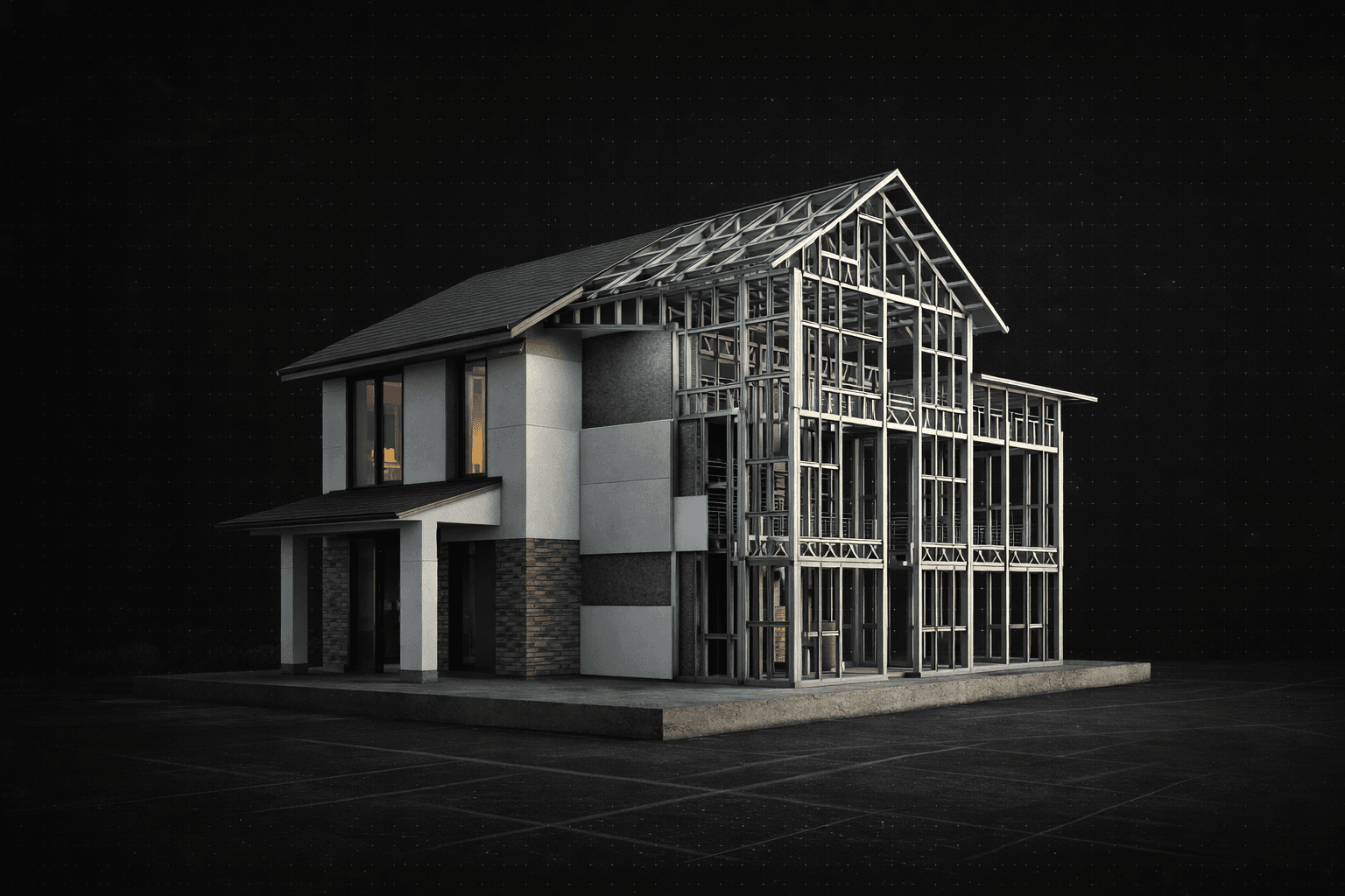 MASTER GREEN BUILDING: cutaway view showing finished envelope, board layers, lightweight infill, and exposed light steel framing on a structural slab.
